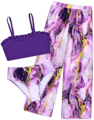 Vogseek 6-16T Girls 3 Pieces Bikini Bathing Suit with Rash Guard Pants Quick Dry Swimwear Cover-Up Sets