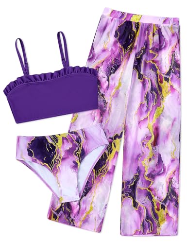 Image of Vogseek 6-16T Girls 3 Pieces Bikini Bathing Suit with Rash Guard Pants Quick Dry Swimwear Cover-Up Sets