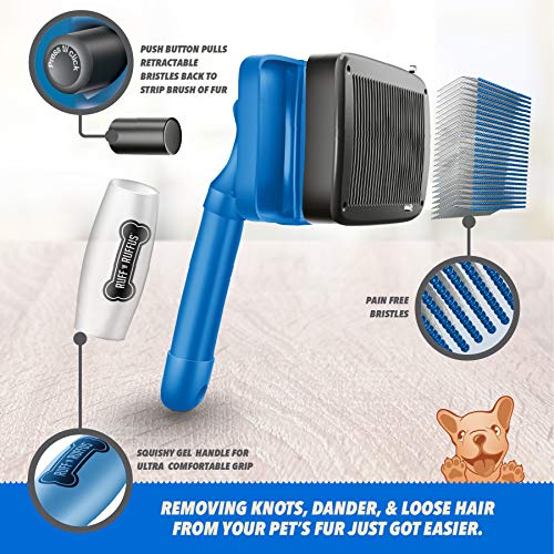Ruff 'N Ruffus Self-Cleaning Slicker Brush With NO- Pain Bristles Upgraded Gel Handle Gently Removes Loose Undercoat & Tangled Hair For Cats & Dogs Reduces Shedding by 95% + Pet Nail Clipper & Comb