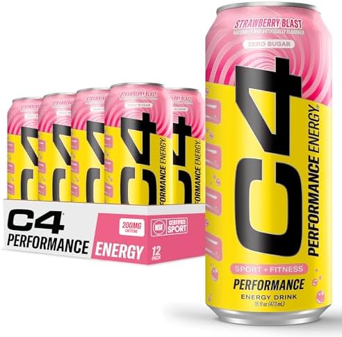 Cellucor C4 Energy Drink, STARBURST Strawberry, Carbonated Sugar Free Pre Workout Performance Drink with no Artificial Colors or Dyes, Pack of 12