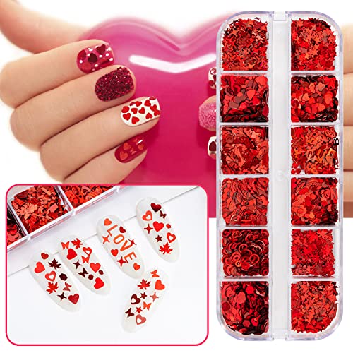 Noverlife 48 Grids Valentine's Day Nail Art Heart Glitters, 3D Holographic Love Heart Nail Sequins, Bling Laser Kiss Lips Nail Confetti Flakes Decals For Valentine Party Romantic Nail Decorations #TOP4