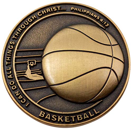 Christian Sports Coin for Young Athletes, for Boys and Girls, Gift for Basketball Players or Basketball Team, I Can Do All Things Through Christ, Antique Gold Plated Challenge Coin, Philippians 4:13