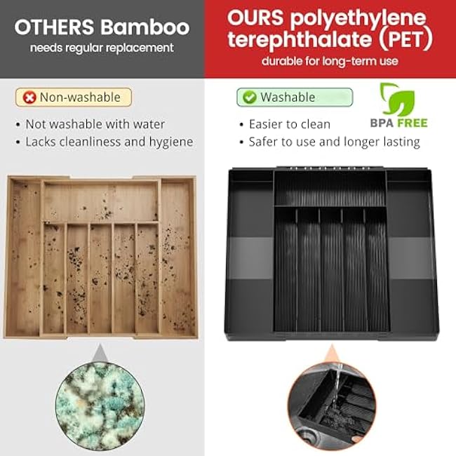 EZ COZY Silverware Organizer, 8 Slots Expandable Kitchen Drawer Organizer, Adjustable Plastic Utensil Tray for Knives, Forks & Spoons, Multipurpose Silverware Holder, BPA-Free, Black