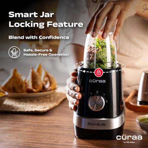 Image of Curaa BlendLab Mixer Grinder for kitchen 4 Jars 100% Copper Motor Stainless Steel Jar for Spice Grinding & Chutneys Compact Smoothie Blender Smoothies Maker 2 Year Warranty, 400w