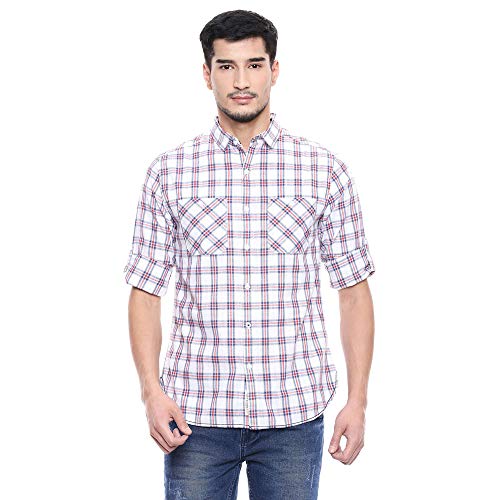Life by Shoppers Stop Mens 2 Pocket Checked Shirt (Red_Small)