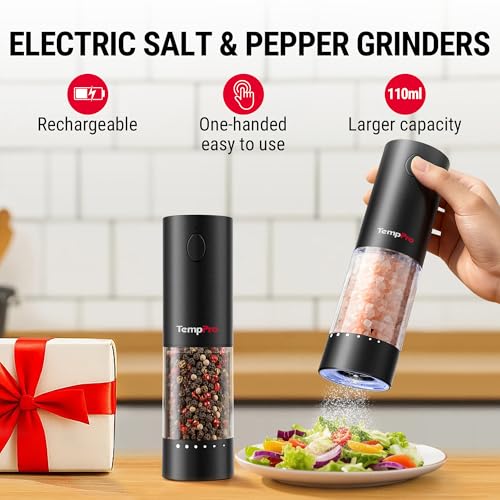 Image of TempPro Electric Salt and Pepper Grinder Set Rechargeable, 110ml Automatic Pepper Grinder Shakers with External Adjustment, Refillable Pepper Mill Set for House Warming Gifts(Previously ThermoPro)