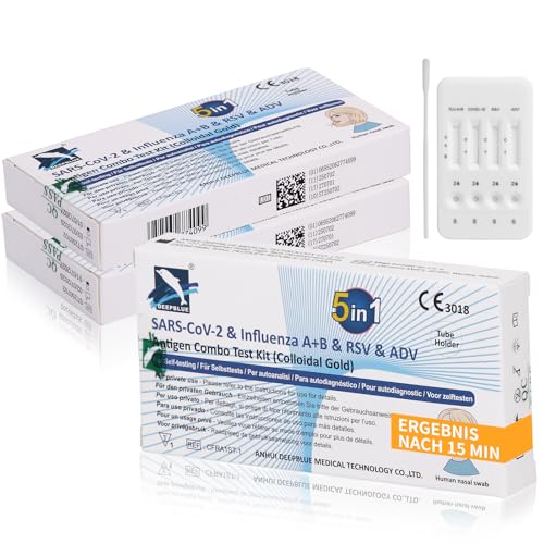 5-in-1 Test Atemviren-SARS-CoV-2 & Influenza A+B & RSV & ADV Antigen Combo Test Kit-Schnelltest für Zuhause - Zertifizierte Premiumqualität - Einfach, Schnell, Präzise (3)