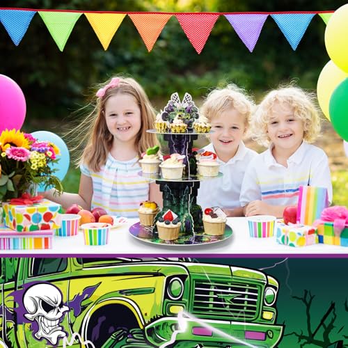 Weysat 3 Tier Green and Purple Monster Truck Party Decoration Monster Truck Cupcake Stand Themed Racing Cupcake Tower Dessert Holder Favors for Racing Baby Shower Birthday Party Table Supplies