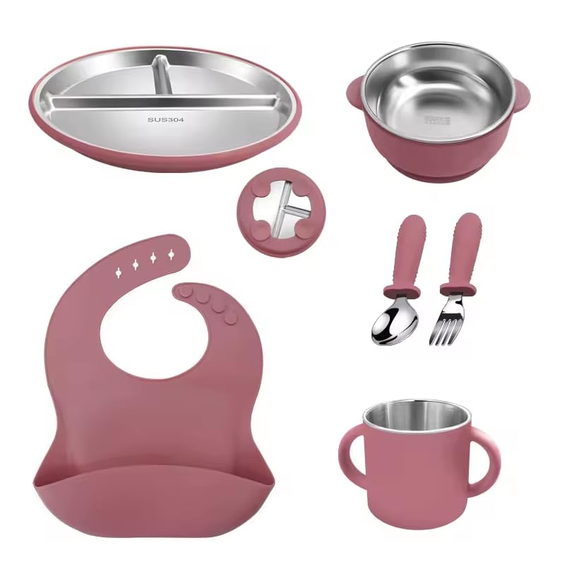 Baby Esslern Set aus Silikon & Edelstahl 304 | BPA-frei | Teller, Schüssel, Becher mit Griffen, Löffel, Gabel & Lätzchen | Herausnehmbarer Edelstahleinsatz
