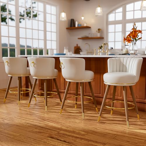 Counter-Height-Bar-Stools-Set-of-4-26-inch-Swivel-Upholstered-Barstools-with-Backs-White-Leather-Kitchen-Stools-with-Wood-Legs-and-Footrest-Bar-Chairs-for-Kitchen-Island Counter Height Bar Stools Set of 4 26 inch Swivel Upholstered Barstools with Backs White Leather Kitchen Stools with Wood Legs and Footrest Bar Chairs for Kitchen Island