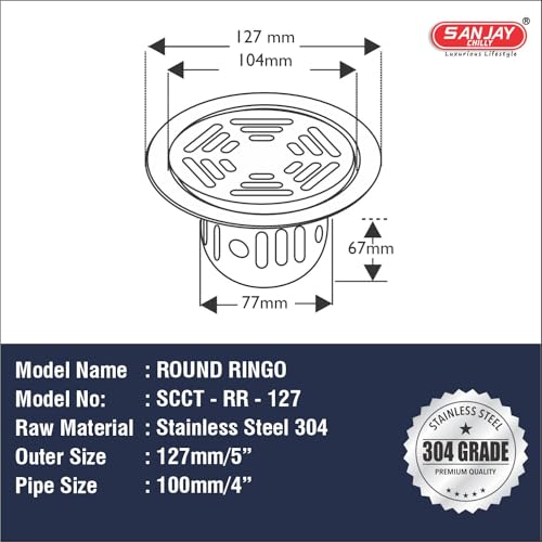 Image of Round Ringo Floor Drain Cockroach Trap 5 INCH for Bathroom Gratings 304 Grade Waste Water Drainer in Washbasin Sink & Toilet Safety from Insects (Round Ringo 5 Inch Silver)