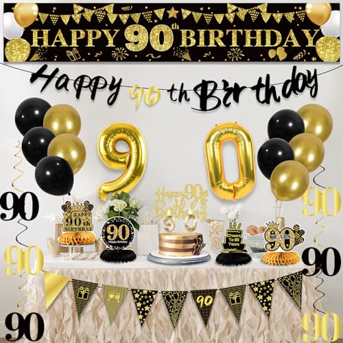 Image of 90th Birthday Decorations for Men, Black Gold 90th Party Decoration Kits | 27pcs Happy 90th Birthday Set, Banner, Honeycomb, Balloons, Gold Number, Candle, Hanging Swirls, Cake Topper, Party Supplies