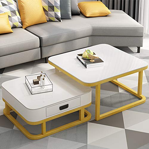 Quadratische Satztische aus gehärtetem Glas zum Stapeln von Couchtischen mit Schubladenlagerung Wohnzimmer-Couchtische, 60 cm / 70 cm x 45 cm (weiß) Cover
