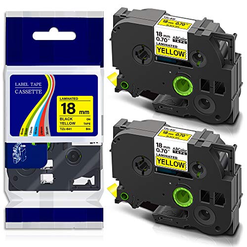 ABカラー テープ カートリッジ 18mm 黄地・黑文字 ブラザー工業 P-Touch 汎用・互換 TZe-641 TZ-641 2個セット (18mm・黄地黑文字)