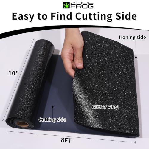 Image of VINYL FROG Black Glitter HTV Vinyl Roll 10'' x 8ft Black Glitter Iron on Vinyl for All Cutting Machine Sparkly Heat Transfer Vinyl for T-Shirts & DIY Craft Gifts, Easy to Cut, Weed & Transfer