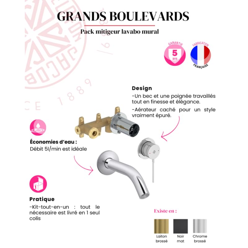 Mitigeur lavabo encastré JACOB DELAFON Grands Boulevards Laiton brossé + poignée + corps encastré
