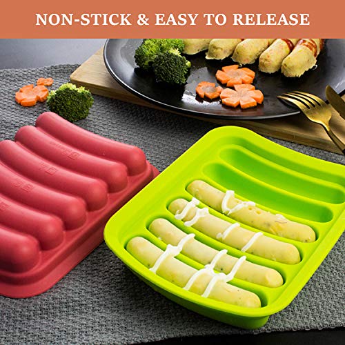 Akamino Silicone Baking Mold with Brush Non-Stick Silicone Sausage Mold for Microwave DIY Homemade Hot Dogs Red&Green - 2 Pack