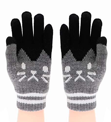 Newfancy Women Men Winter Knit Gloves Touchscreen Warm Soft Cat Kitten Texting Fashion Mittens for Smartphone Iphone Ipad, Gray, One Size