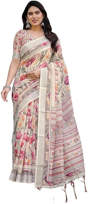 Women’s Cotton Linen Saree with Floral Print and Unstitched Blouse Piece – Traditional Indian Ethnic Wear for Women, Multicolor, 5.5 Meter