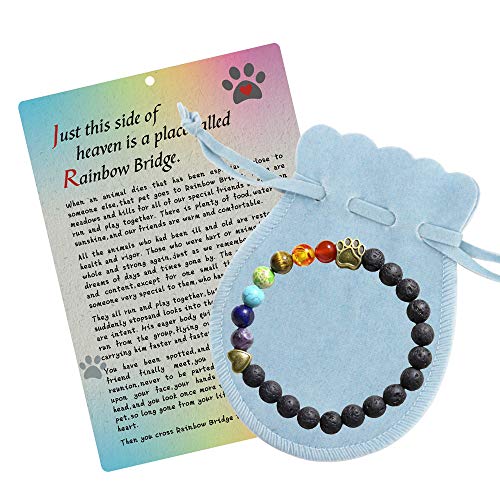 Pet Memorial Bracelet - Pet Loss Gifts in Loving Memory of Your Beloved Pup Dog Cat with Rainbow Bridge Poem Card Lava Bead Remembrance Bracelet (Black Lava Stone)