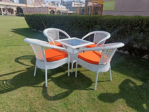 Image of Anaya Decor D-8 Chairs Table Set 4+1 Wicker Patio Furniture Sets 4 Chair and 1 Table with Cushions for Garden Balcony Bedroom Powder Coated Frame Uv Protected Wicker (Off White+Orange)