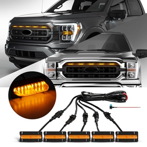 FICOLPO 5 Pcs Led Grill Lights Compatible with 2021 2022 2023 F150 XL/XLT/XLT Sport - LED Front Grille Lights Accessories with Fuse & Harness (Amber Light Amber Shell) by FICOLPO - Used condition - CA$62.29