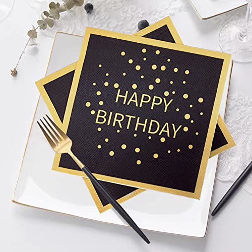 Changcao 40Pcs Happy Birthday Black And Gold Paper Napkins Square Party Napkinsfor Men Women Kids Supplies #TOP2