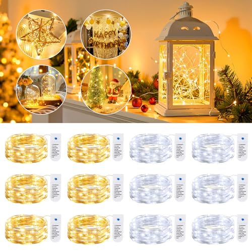 Image of Minetom 12 Pack Warm White & White Battery Operated Fairy String Lights | 8 Modes 7ft 20LED Waterproof Silver Wire Twinkle Lights, Firefly Starry Moon Lights for Mason Jars DIY Christmas Wedding Part