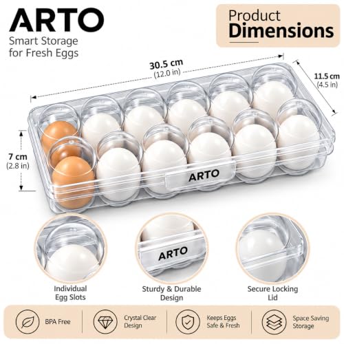 Image of ARTO Clear Egg Trays for Refrigerator Organization - Stackable Egg Holder & Plastic Storage Container - Durable Dishwasher Safe Egg Carton Replacement - Kitchen & Fridge Organizer (Set of 2)