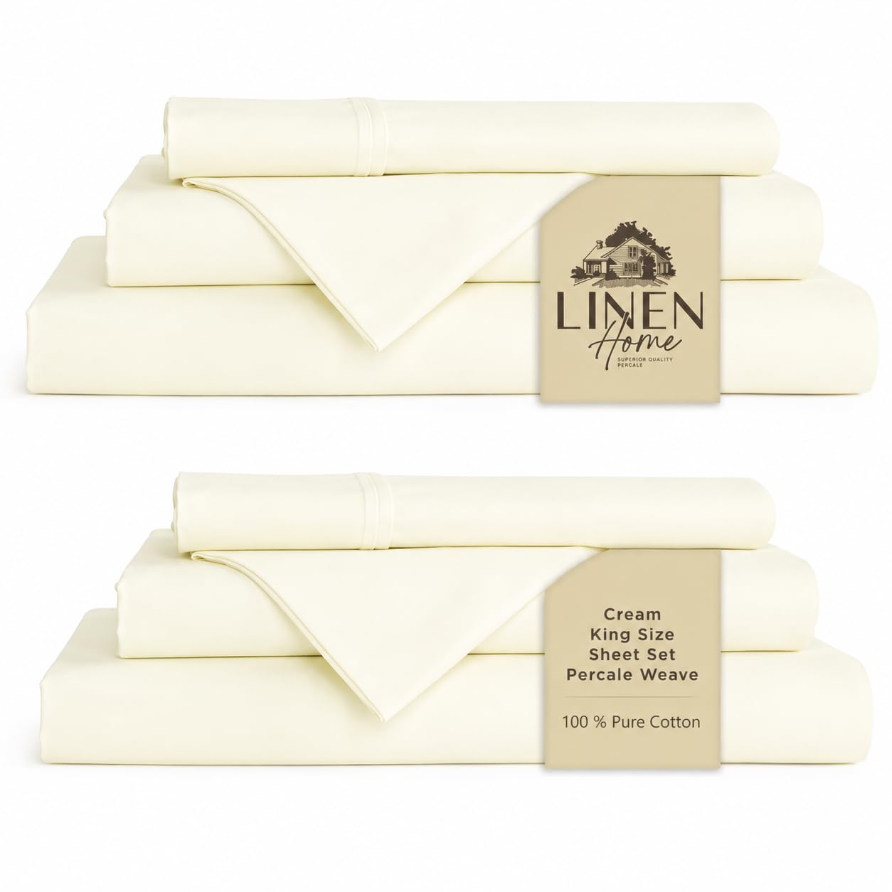 Linen Home 2-Pack King Sheet Set, 100% Cotton Percale Bedding, 8-Piece Value Bundle, Deep Pocket Cooling Bed Sheets for Hot Sleepers, Breathable &amp; Crisp Hotel Quality, Long-Staple Cotton, Cream