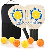 Ackitry 4 Wood Pickleball Paddles with 1 Carry Backpack and 3 Indoor Pickleballs, 3 Outdoor Pickleballs, 9-ply Basswood Pickleball Rackets with Ergonomic Cushion Grip