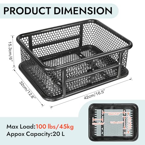 RAYMACE Bike Basket Rear with Reflective Waterproof Cover and Cargo Net, Perforated Design Large Bicycle Basket Fits for Electric Bike, Mounted Rear or Front Rack-Patent Pending