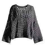 GUOBOTT Top ajouré au Crochet   Pull Ample, Design décontracté à Manches Longues ajouré, Haut Respirant pour Femme (Noir,TG)