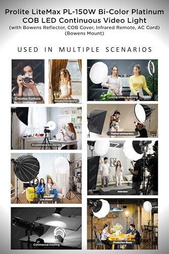 Image of Prolite LiteMax Platinum-150W Bi-Color COB LED Continuous Video Light | with Bowens Reflector, Infrared Remote, COB Cover, AC Cord | for Studio, Wedding Photography & Videography