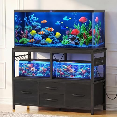 Heybly 40-50 Gallon Fish Tank Stand Aquarium Stand with Drawer Power Outlet Heavy Duty for Fish Tank Turtle & Reptile Terrarium 36.2 L 18.1 Top 660lbs (Top)+330lbs(Mid) Black HAS004BK
