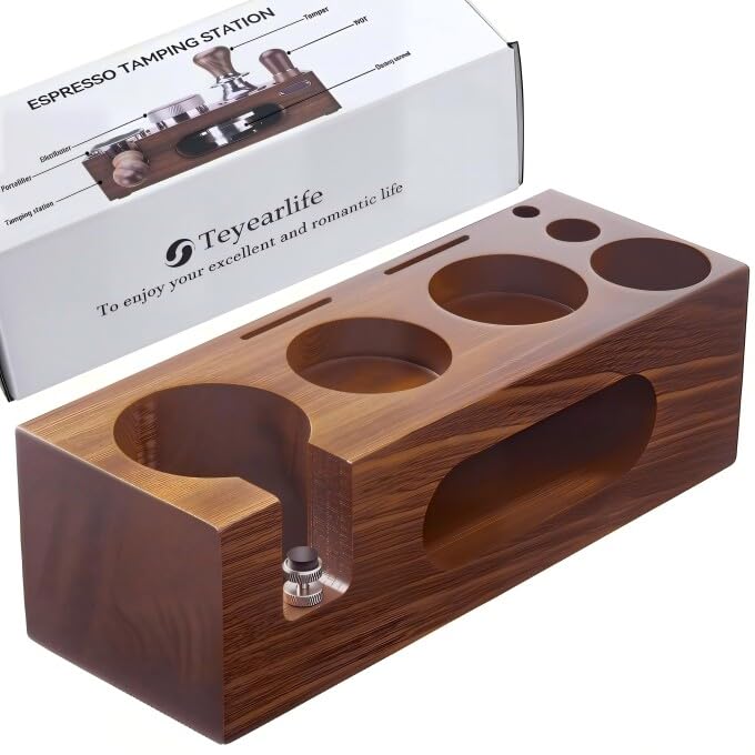 Image of espresso tamping station called Coffee Tamper Station Fit 51 to 54mm Espresso Accessories The tamper holder Or organizer station Adjustable Portafilters Stand Height (7 IN 1)