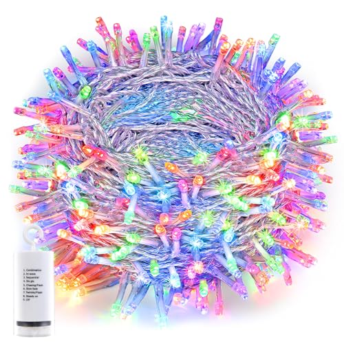 Joomer Guirnalda Luces de Navidad Exterior Pilas, 20M 200LED Luces Arbol Navidad Línea Transparente, 8 Modos Cadena LED Decoracion Navideñas Impermeable para Balcon Jardin Patio, Multicolor