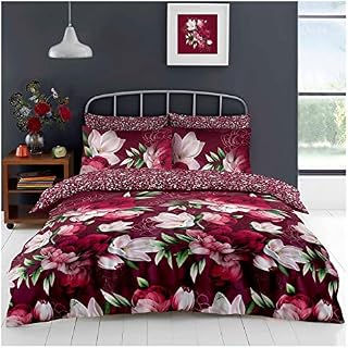 Lions 4 Piece Complete Bedding Set - Red Flower Printed 1x Duvets Cover 2x Pillowcase 1x Bed Sheet, Ultra Soft Reversible Poly Cotton Quilt Covers for Girls Women, Double Bed Bedding