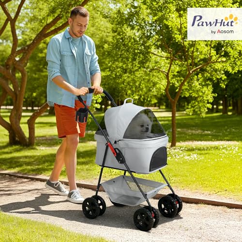 PawHut Hundewagen 3 in 1 Hundebuggy klappbar für Hunde & Katzen bis 4 kg Katzenbuggy mit Kissen Netzfenstern Getränkehalter Aufbewahrungskorb Katzenwagen Buggy Hellgrau