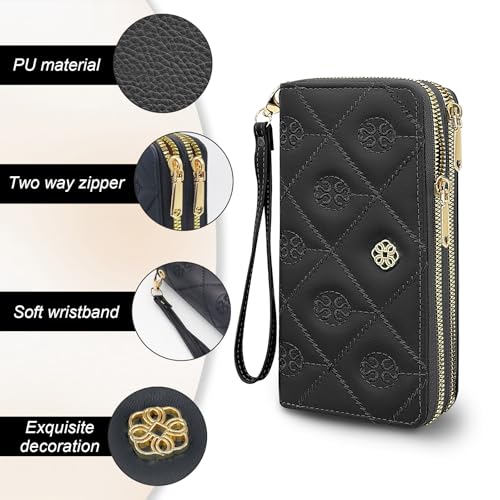 Women's Wallet, Double Zip Leather Phone Wallets, Large Capacity Card Holder Wristlet Purse with Zipper Pocket (Black)3