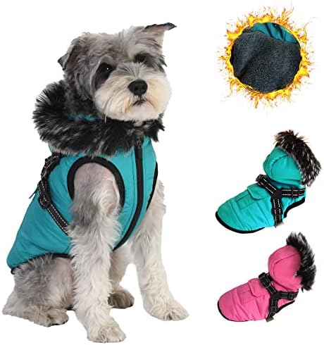 AIMYDOG Dog Winter Hoodie, Warm Cozy Dog Coat with Pockets, Waterproof Windproof Harness Dog Jacket, Thick Polar Fleece Pet Vest, Reflective & Adjustable Blue Dog Apparel for Small Medium Dogs & Cats
