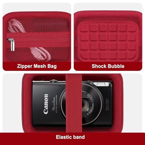 Image of Camera Case for Canon PowerShot ELPH 360 HS A, IXY 650 /ELPH 360 Camera Protective Case Storage Holder Travel Bag with Wrist Strap, Mesh Pocket for Battery Pack, USB Cable, Red