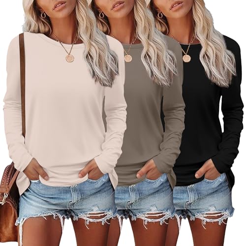 Ekouaer Womens Long Sleeve Shirts 3 Pack Crew Neck Thermal Tops Loose Fit Undershirt Base Layer Trendy Clothes XS-XXL