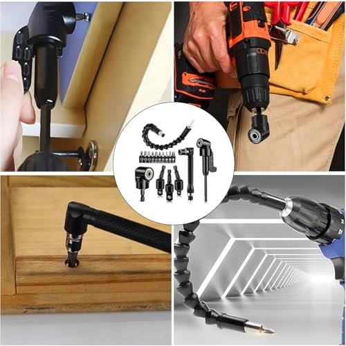 Tools Flexible Drill Bit Extension, Include 3pcs Rotatable Socket Adapter 2pcs Hex Shank 105° Right Angle Drill Attachment 10 Short Screwdriver Bits Bendable Drill Bit Extension & 90° Angled Bits