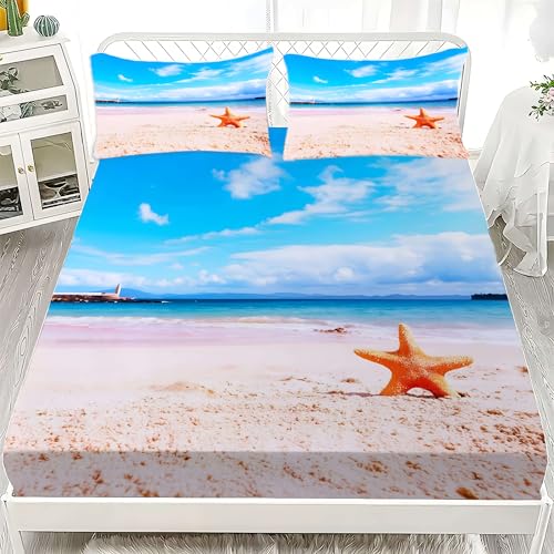 ビーチクイーンサイズ ベッドシーツヒトデベッドカバー柔らかい通気性マイクロファイバー 3点セット防ダニ高反発 吸水 速乾 抗菌 防臭 防ダニと 2 枕カバー43x63 cm着脱簡単 丸洗い可能 マットレスカバー160x200x30 cm