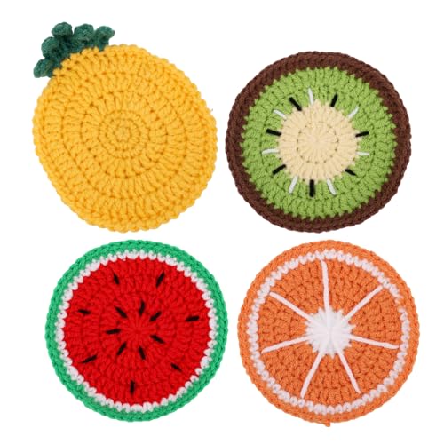 4pcs Dessous de Verre en Crochet, Motif Pastèque Kiwi Orange et Ananas Décoration Amusante Table Basse Accessoires de Protection Table Indispensables pour Le Bar pour la Maison et Le Bureau