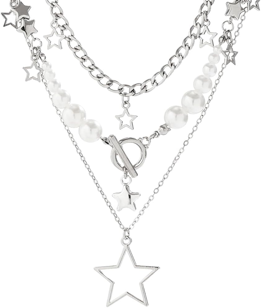 Pearl Necklace for Women Girls Gothic Rose Cross Pendant Chain Layered Necklace Stainless Steel Beads Choker Necklace Punk Aesthetic Necklace Jewellery Gifts for Women, Girls