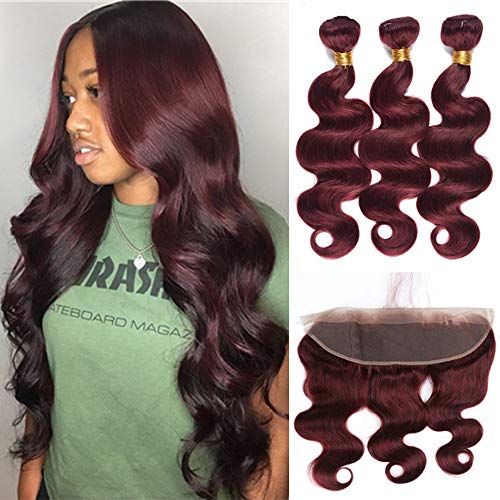 Hot Sale Beauty Color #99j Wine Red Hair Weaves With Lace 13X4 Lace Frontal 4Pcs Lot Brazilian Virgin Hair Mink Burgundy Body Wave Human Hair 3 Bundles Deals (18 20 22 with 18F, Burgundy/99J)