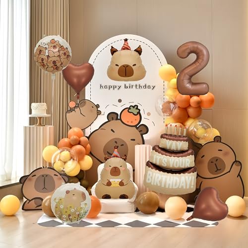 Image of Capybara Birthday Foil Balloon Set, 8-Piece Party Decor (2) | Reusable foil balloon set with capybara, cake,number . Perfect for birthday, baby shower, gender reveal & themed parties
