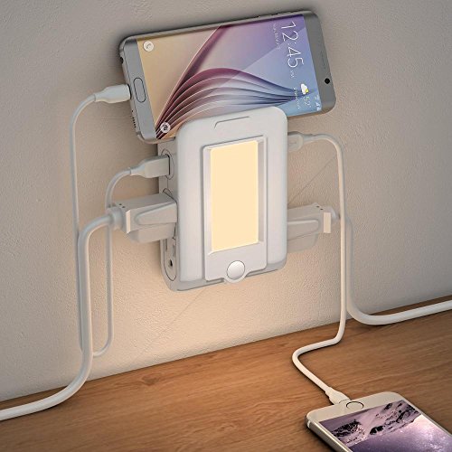 Finduat Wall Mount Charger Outlet With Dusk To Dawn Sensor LED Night Light, Surge-protected Power Socket Extender With 4 AC Outlet 2 USB Charging Ports for IPhone, Samsung, IPad, Phone Holder Slot - Thumbnail 6